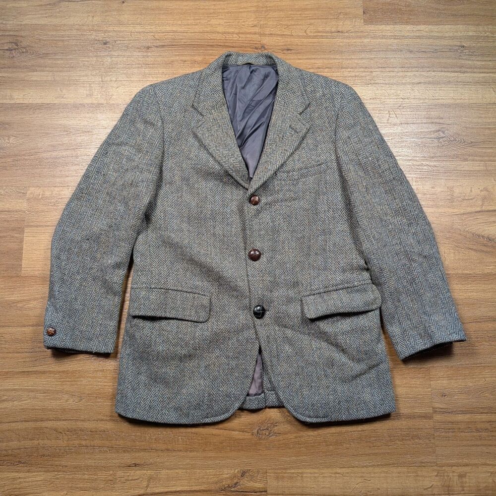VTG Harris Tweed Blazer Men’s 40r Gray Herringbone Scottish Wool Coat Preppy Ivy